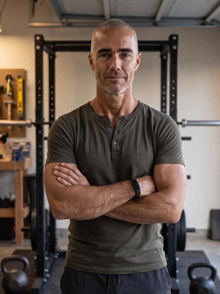 Leo Grant standing with arms crossed in a home garage gym